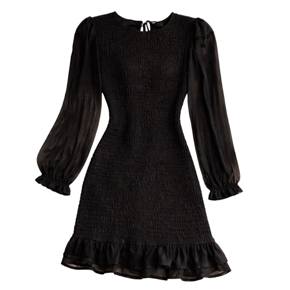 Idem Ditto Black Smocked Mini Dress Sheer Sleeve Ruffle Hem Date Night Party